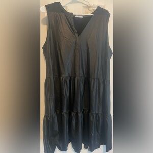 Women Black V Neck Faux Leather Sleeveless Mini Dress